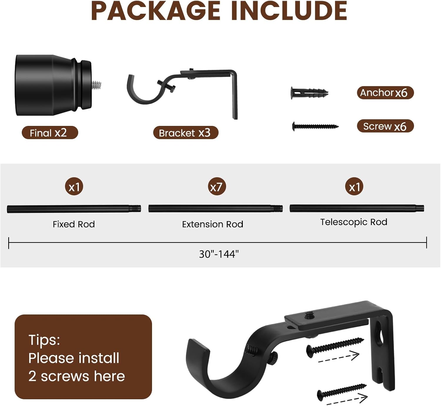 1” Diameter Curtain Rods Itself is 30 to144 inch 1 Pack Fit 30-142 inch, 66 to 120 inch Window with Heavy Duty Adjustable Rod Matte Black Splicing Metal Extra Long Curtain Rod for Windows Black 30-144"/1 Pack