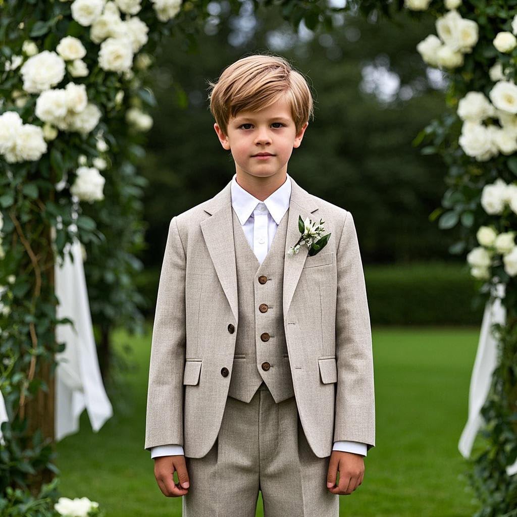 Completo in lino per bambini, abbigliamento formale, 3 pezzi, gilet, giacca, pantaloni, set