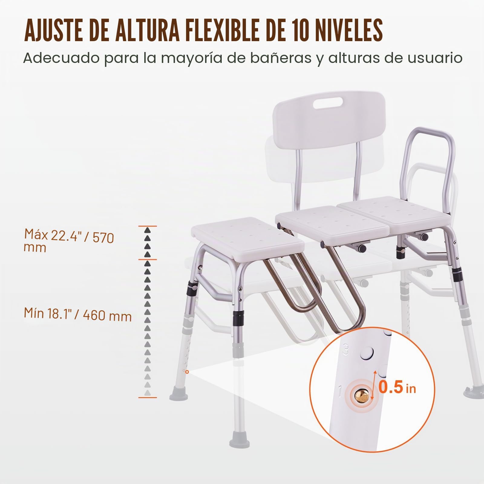 VEVOR Banco de Transferencia para Bañera Altura Ajustable con Protector de Cortina en Forma de U Respaldo Reversible Asiento de Ducha Antideslizante para Personas Mayores Discapacitadas y Lesionadas