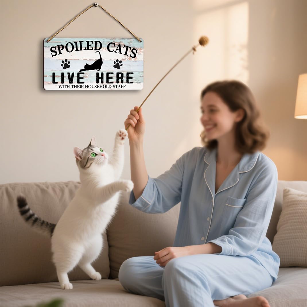 Funny Cat Sign Home Wall Decor - Wooden Cat Welcome Hanging Signs, Gifts for Cat Lovers - Spoiled Cats Live Here with Their Staff Sign - Cattery & Cat Cave Decor Gift (6x12 Inches)