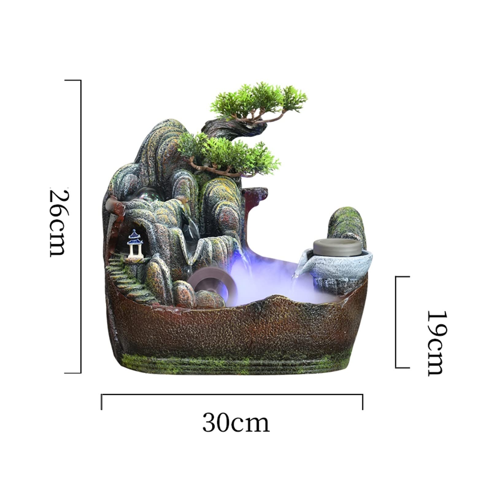 Fuente Decorativa de jardín, Fuente de Agua con Cascada, de Resina, con Bomba de Agua, Feng Shui Zen, decoración para salón, Dormitorio, Oficina, 30 x 19 x 26 cm, Tamaño Klein