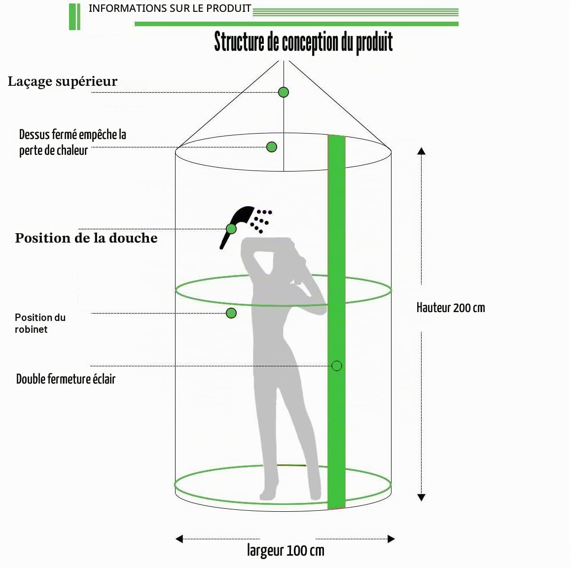 Rideau de Douche,Rideau de Douche Rond 100 x 200 cm Imperméable en Polyester Anti-moisissure, Lavable pour l'extérieur, la Plage, la Douche, Les Toilettes, l'intimité