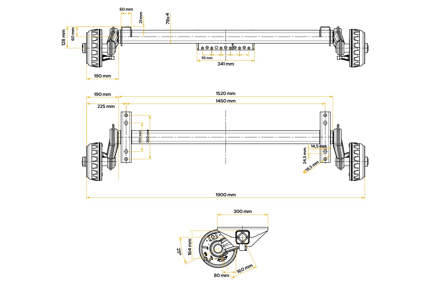 Knott Eje con Freno 1350 kg para Remolque y Plataforma, Medidas 1450 mm y 1900 mm, Patrón 5x112, Suspensión de Torsión de Caucho y Sistema de Freno Backmat