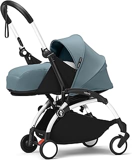 Chasis del Stokke YOYO3 (Blanco) con Pack para Recién Nacido 0+ (Aqua) - Incluye colchón, arnés de cinco puntos, dosel extensible, correa acolchada para el hombro, y bolsa almacenamiento