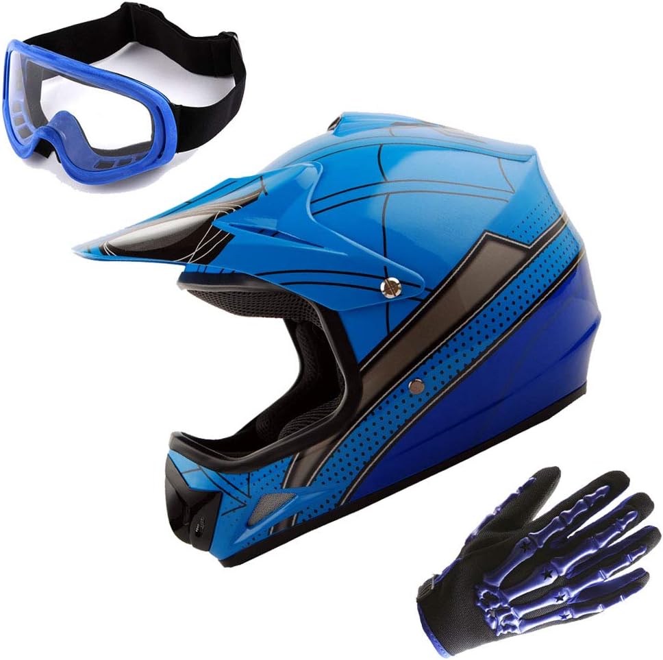 WOW Youth Motocross Helmet MX BMX Bike Helmet Spider Black + Goggles + Skeleton Black Glove Bundle