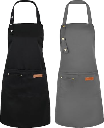2 Pack Kitchen Apron for Women, Grey Black Chef Cooking Apron with Pockets and Adjustable Neck Strap, Canvas Waterproof Apron for Hairdressing Gardening Home Kitchen Restaurant