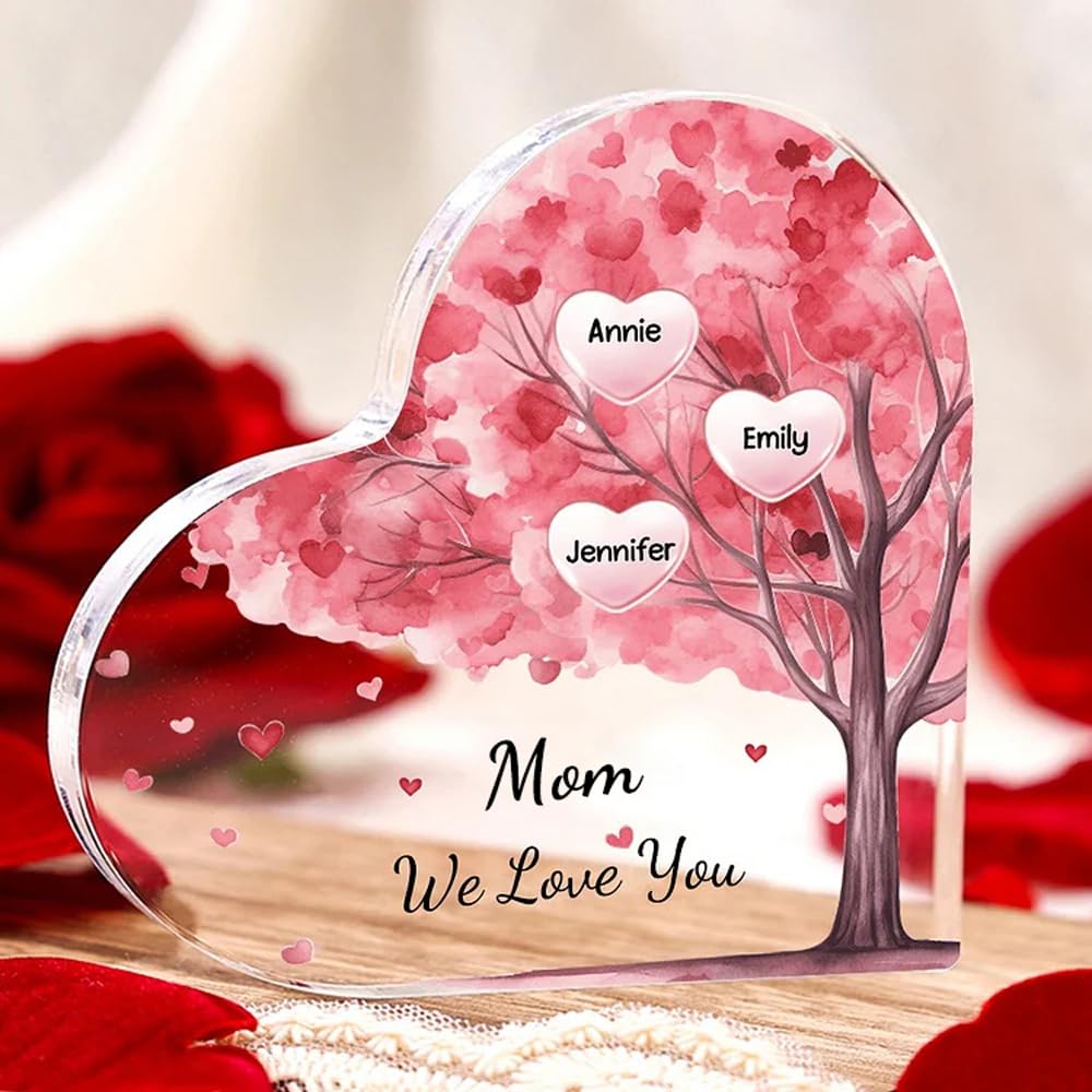 Mothers Day Gifts for Mom Custom Family Tree Acrylic Plaque Personalized 2-10 Family Names Tag Home Family Decorative Signs Birthday Gift for Mom Grandma 3.9" and 5.9" (3 Names, Pink(3.9"/5.9"))
