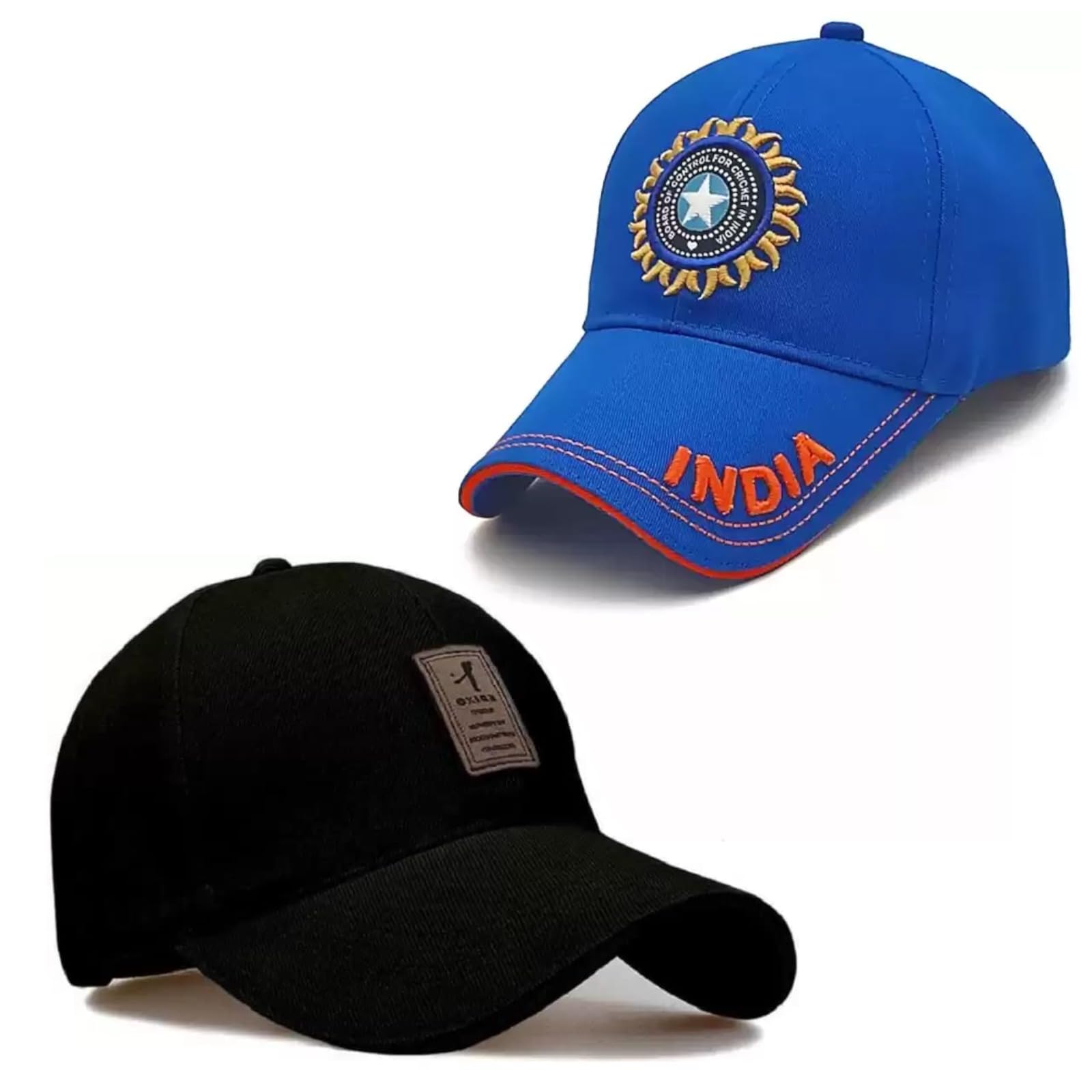 FHARAT Combo Stylish Cap for Men, Women, Kids Cotton Blend, Summer All Season Sports, Cricket, Gym Adjustable Buckle India Cricket (Black)