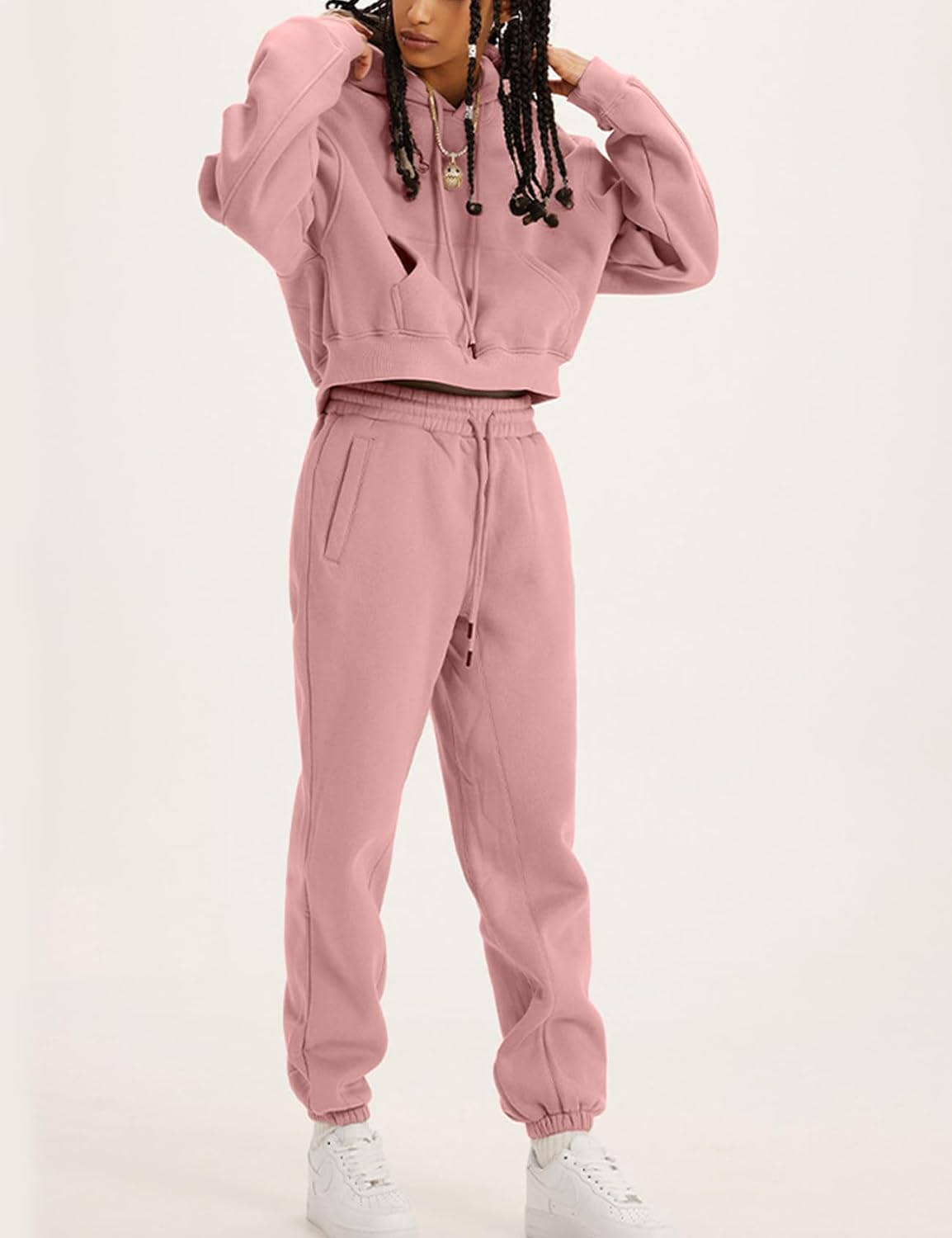 Flygo Womens Fleece 2 Piece Outfits Sweatsuit Crop Pullover Sweatshirt Joggers Pants Tracksuit Set - Image 4