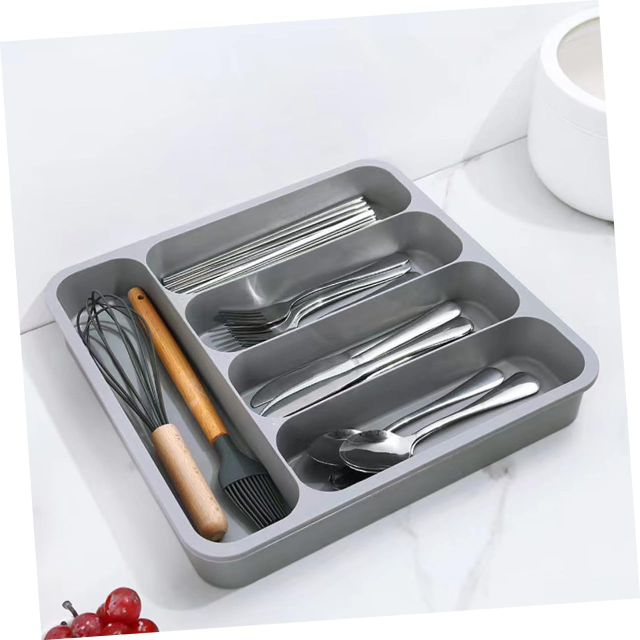 Silverware Drawer Organizer Tray Expandable Kitchen Cutlery Holder with Compartments Grey Plastic Storage for Utensils and Flatware Organization