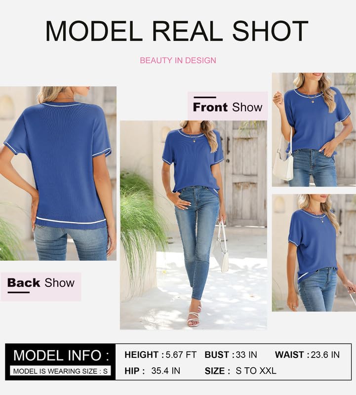 Image of SHEWIN Womens Tops Trendy Short Sleeve Shirts Crewneck Lightweight Knit Sweater Top Business Casual Outfits