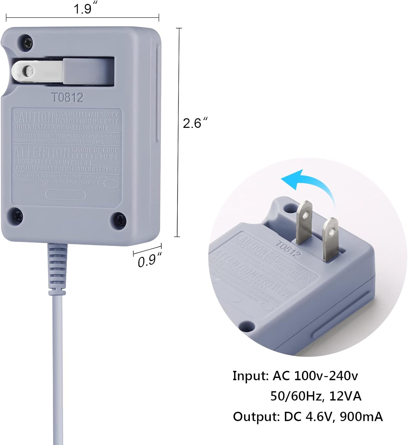 Trenro 3DS Charger for Nintendo 3DS/ DSi/DSi XL/ 2DS/ 2DS XL/New 3DS XL 100-240V, 2DS Wall Charging Cable Cord Plug AC Adapter for 3DS Console*Grey