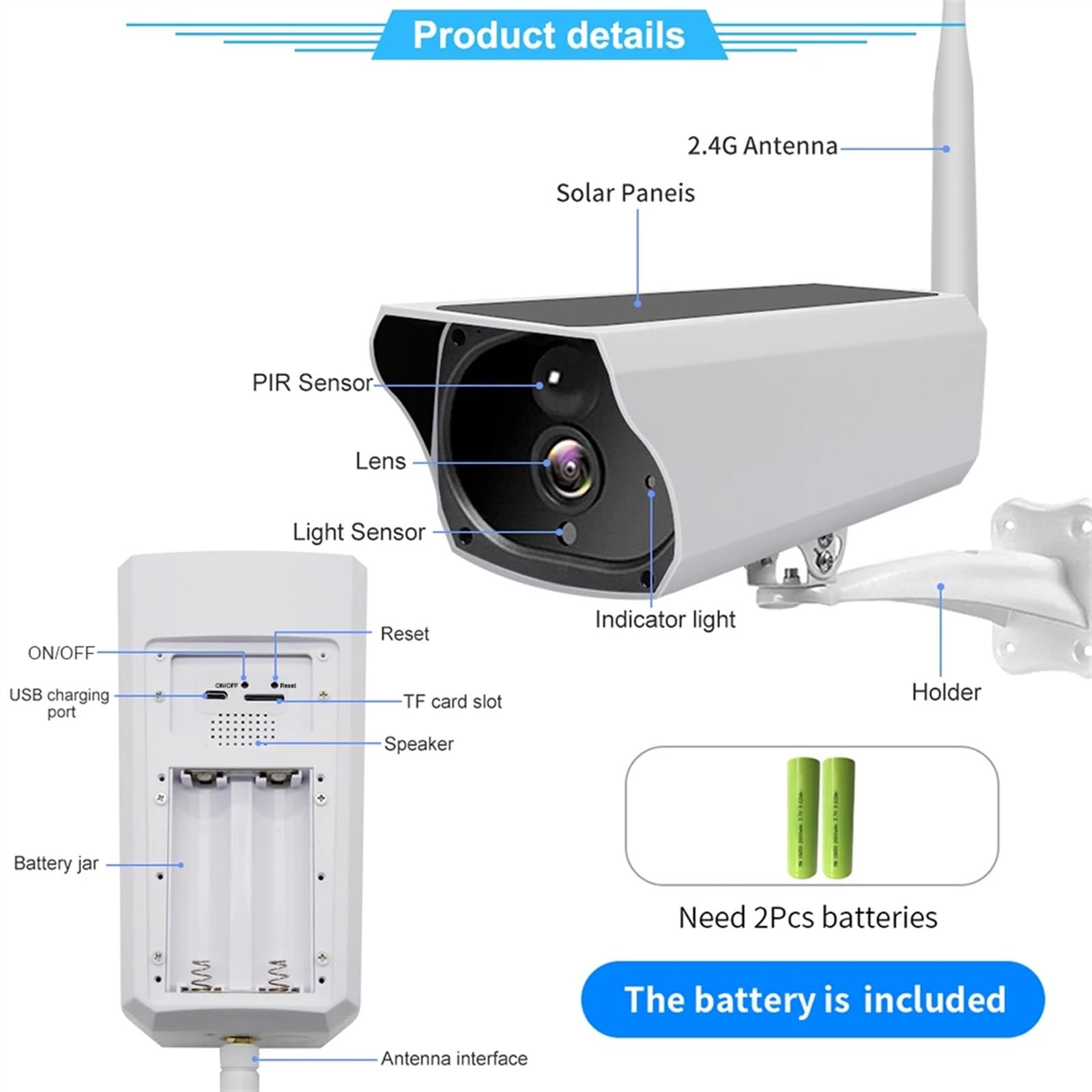 Camera Surveillance, Caméra solaire extérieure étanche PIR alarme de mouvement moniteur de Vision nocturne batterie faible puissance sans fil CCTV Protection de sécurité ,Sécurité, Antivol(2MP Camera)