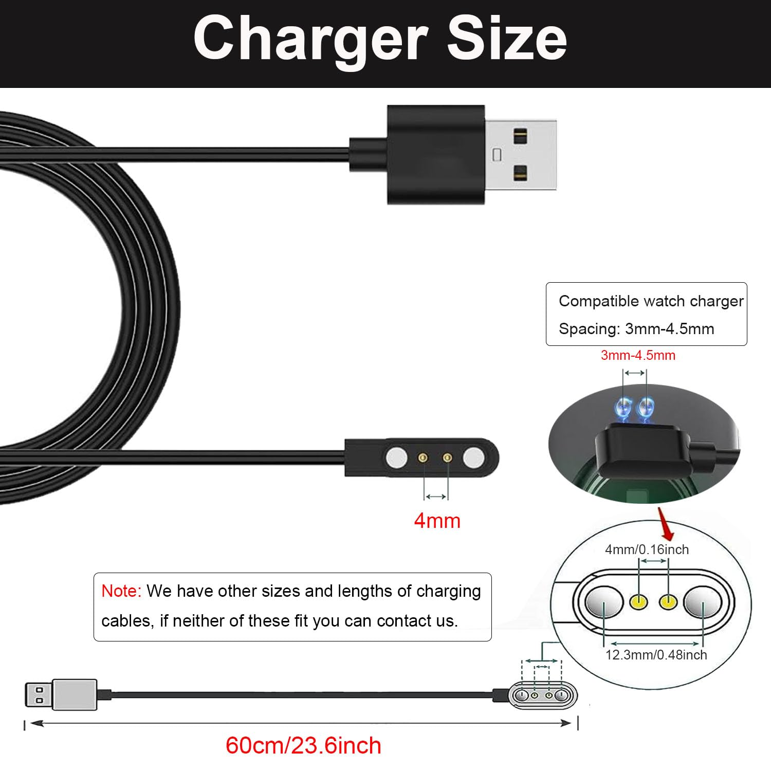 2-polige Ladegeräte für IP68/IP67 Smart Watch Ladegerät, magnetisches USB-Ladekabel für IP67/IP68 wasserdichte Smartwatch/Fitness-Tracker (Pin-Abstand 4 mm)