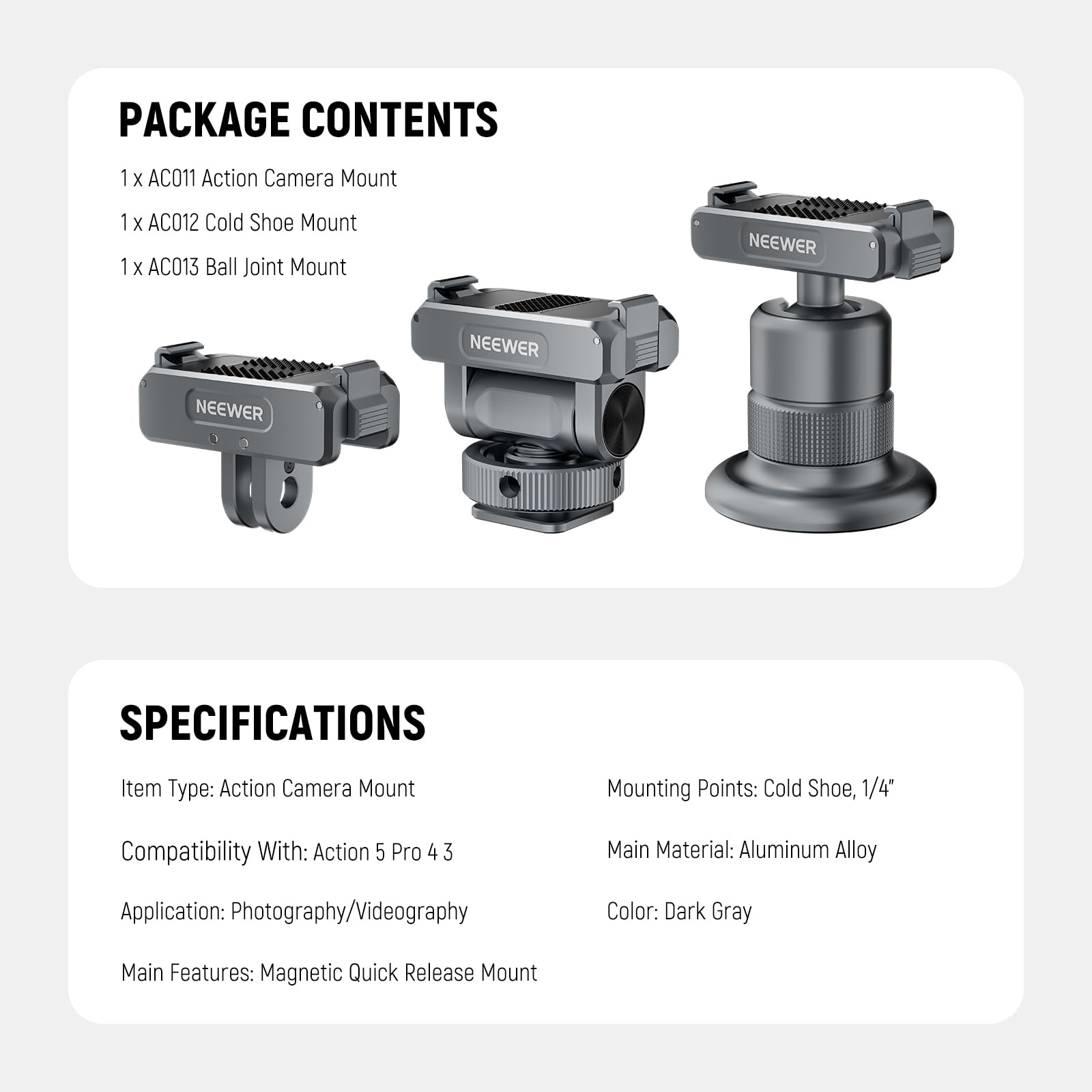 NEEWER Zestaw akcesoriów do kamer sportowych kompatybilny z DJI Osmo Action 5 Pro/4/3, uchwyt na zimną stopkę, uchwyt magnetyczny z szybkim zwalnianiem i adapterem głowicy kulowej, AC011+AC012+ AC013