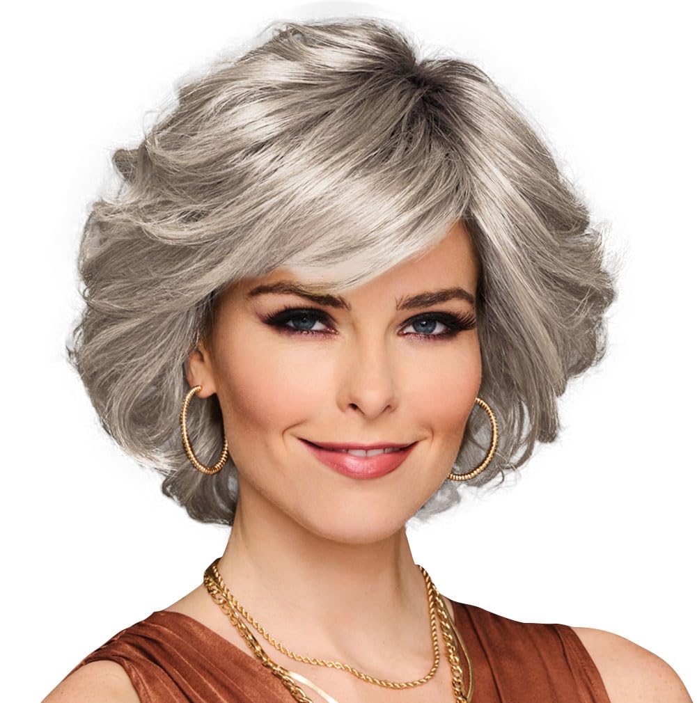 GABOR Gimme Drama Chin-Length Pageboy Long Layered Bob Wig by Hairuwear, Average Cap, GF56-60 Silver