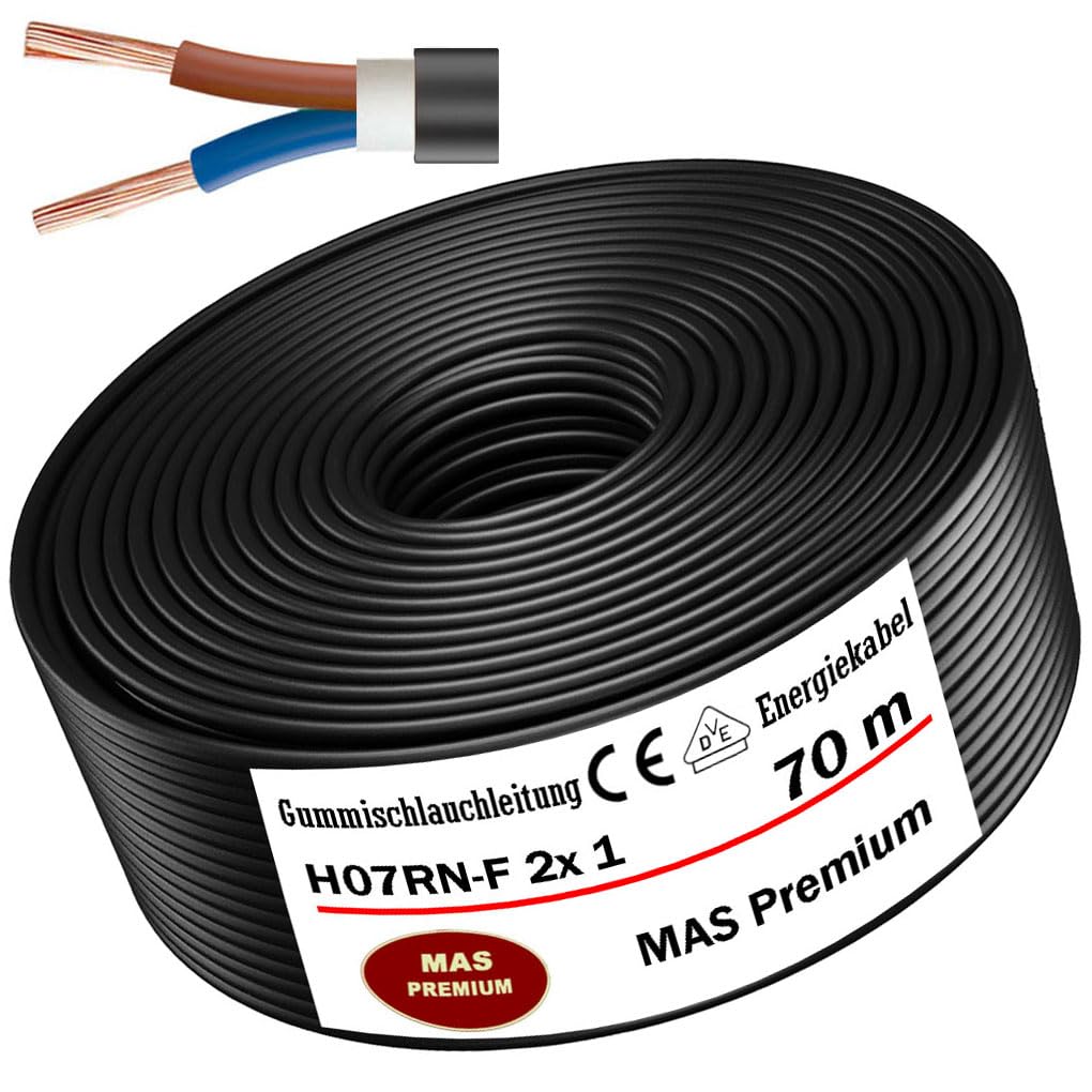 MAS Premium H07RN-F - Cable de manguera de goma (5 – 500 m, cable de alimentación para obras, 1 x 1,5, 4, 6, 10, 16, 25, 35, 50 y 2 x 1, cable flexible para dispositivos pesados (H07RN-F 2 x 1 mm², 70