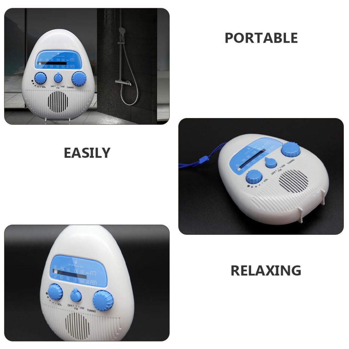 Tragbares Duschradio Kleiner Stereo Radio mit 4 facher Wasserdichtigkeit aus ABS mit Lautstärkeregler Weißer Kompakter Lautsprecher für Badezimmer und Dusche