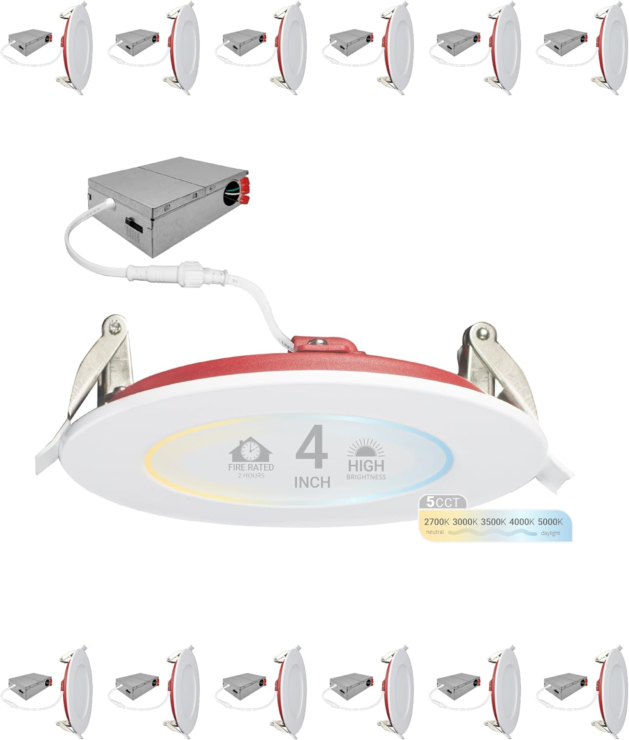 NUWATT 12 Pack, 4 Inch 2 Hour Fire Rated LED Recessed Light, 2700K/3000K/3500K/4000K/5000K Selectable, 900 Lumens, Dimmable, IC Rated, Wet Rated Ultra Thin Canless LED Downlight, No Fire Cone Needed