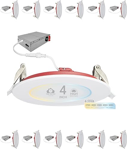 NUWATT Paquete de 12 luces empotrables LED de 4 pulgadas y 2 horas, 2700 K3000 K3500 K4000 K5000 K seleccionables, 900 lúmenes, regulable,