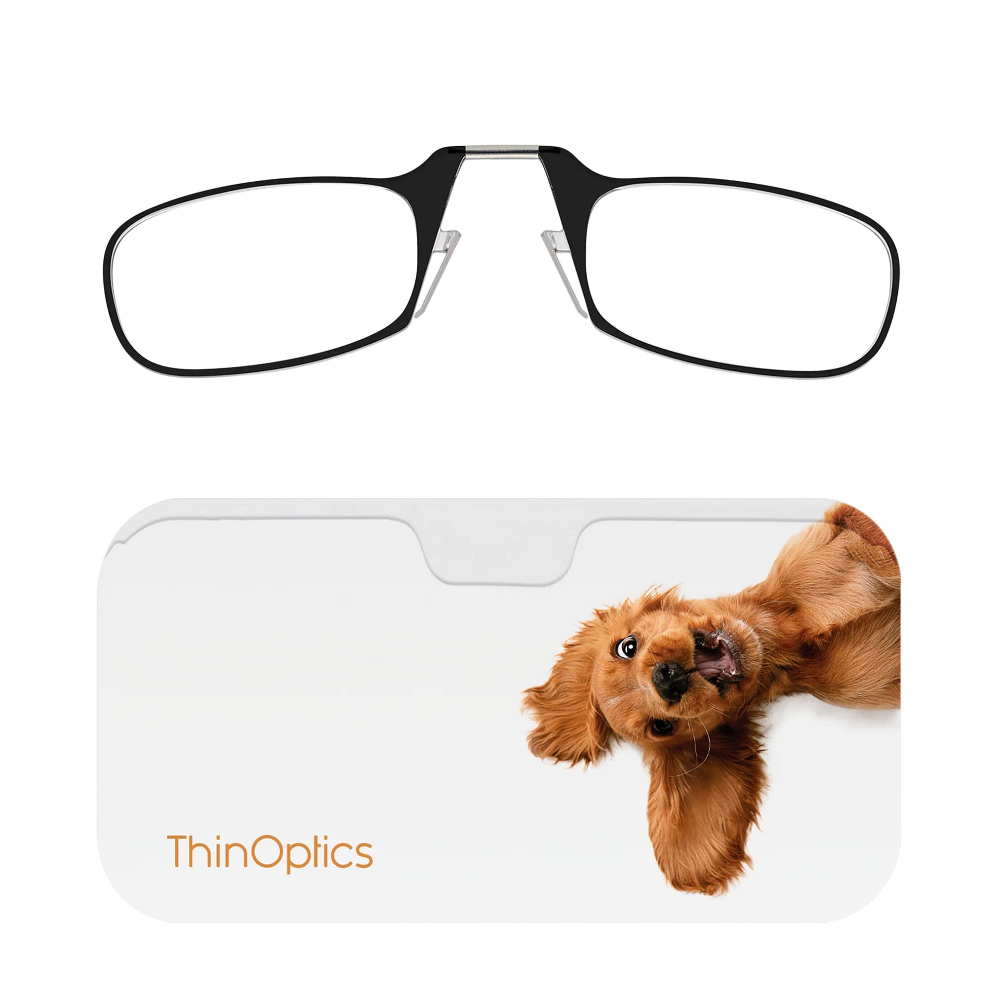 ThinOptics Reading Glasses 1.50 Black Frames with Dog Universal Pod Compact Case, Ultra-light Foldable Rectangular Glasses