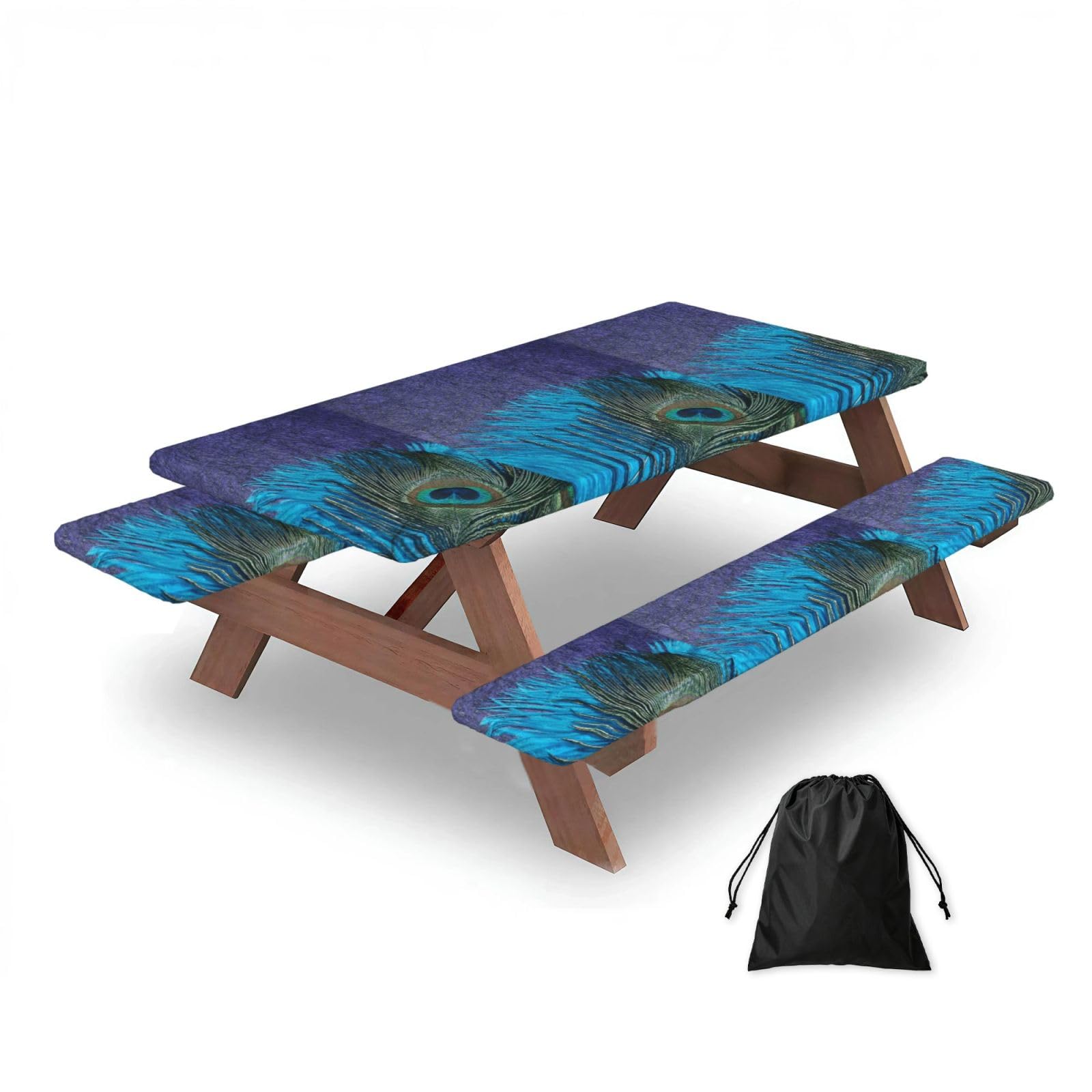 Purple And Teal Peacock, Picnic Table Cover With Bench Covers -Waterproof Elastic Fitted Tablecloth for Garden Camping Patio 76x152cm