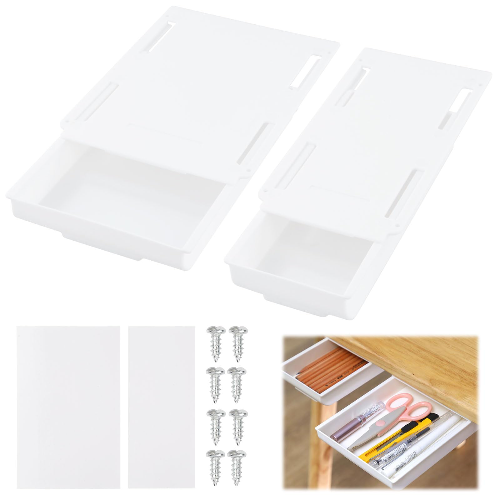 emperoch2PCS Under Desk Drawer, Self-Adhesive Under Desk Drawers, Under Table Drawer, Hidden Organiser Storage Box, Under Table Drawer Storage Tray for Office, Home, School