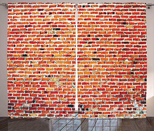 Ambesonne Brick Wall Curtains, Vibrant Brick Wall with Bricks and Grunge Style Vintage Rampart Pattern Print, Living Room Bedroom Window Drapes 2 Panel Set, 108" X 84", Orange