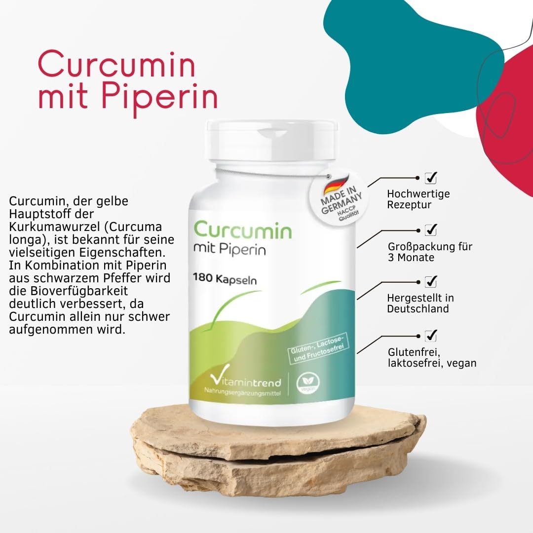 Vitamintrend Curcumin mit Piperin, 180 Kapseln, hochdosiert, 95% Curcuminoide, Nahrungsergänzungsmittel vegan ohne Magnesiumstearat, in Deutschland hergestellt