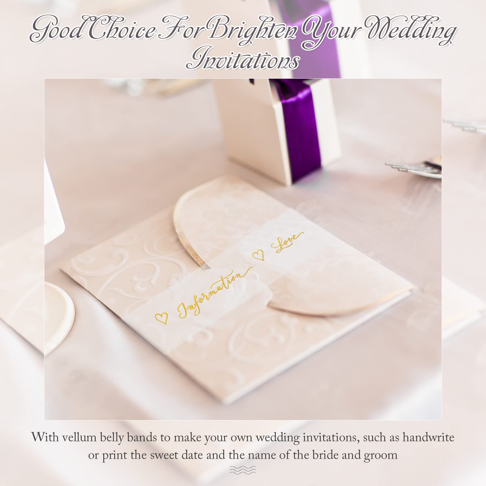 Wedding Invitation Wraps 100Pcs Clear Vellum Belly Bands For 5x7 Invitations  - With Adhesive Dots Adhesive Dot Belly Bands, image size:1600x1600