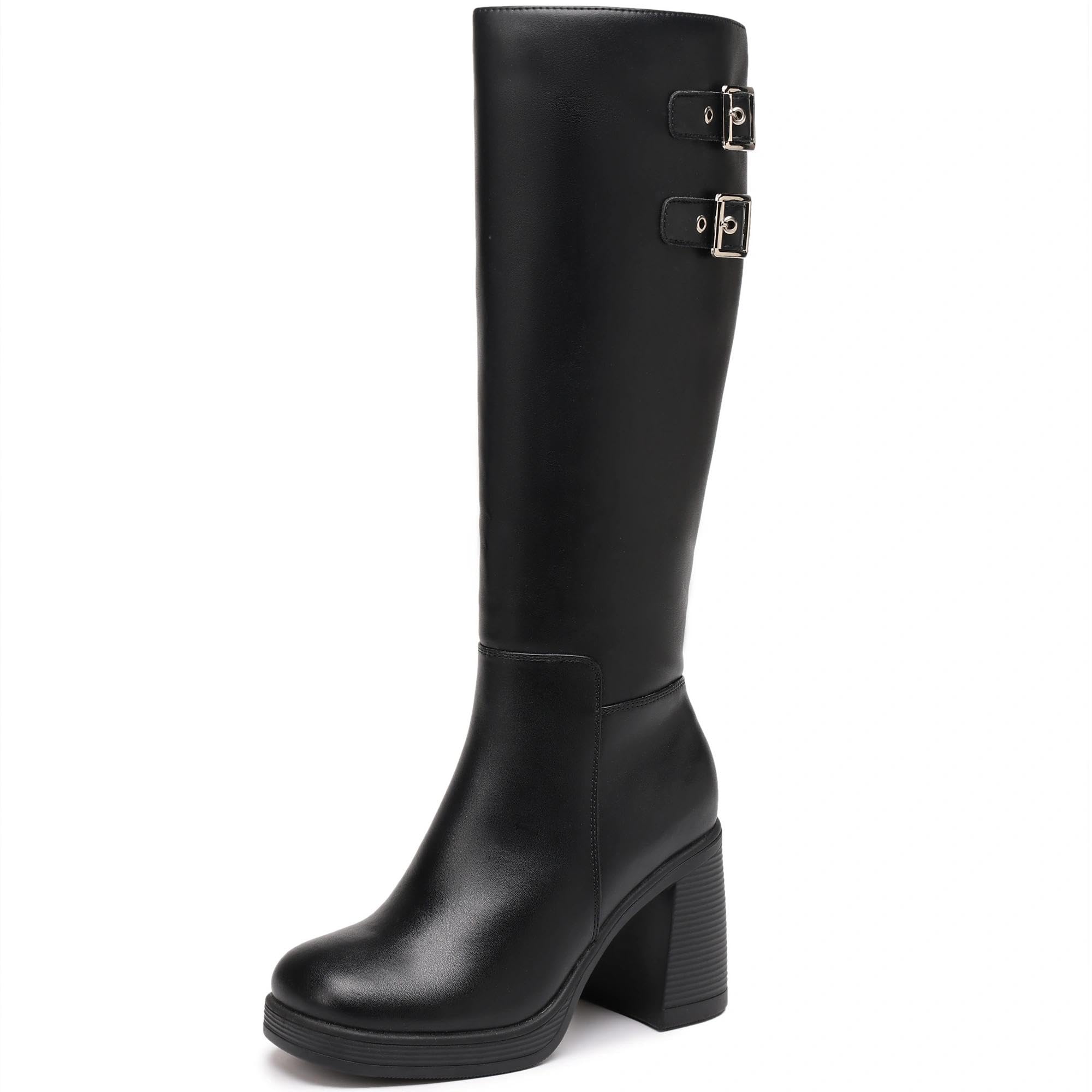 TYNDALL Womens Knee High Boots Platform Chunky Heel Black Boot for women