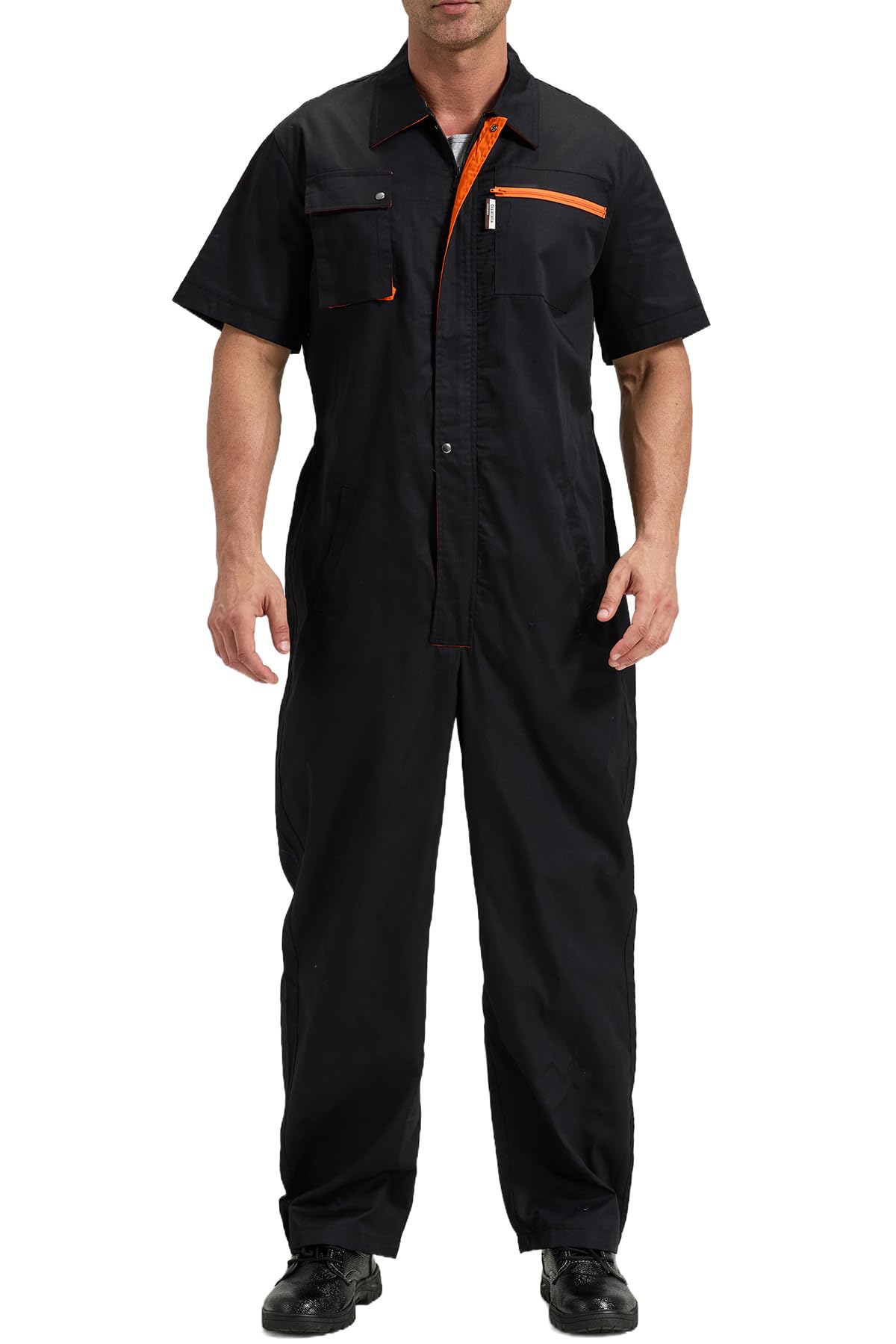 Herren Arbeitsoveralls Kurzarm Arbeitskleidung Leicht Arbeitsanzug Atmungsaktiv Reißverschluss Overalls Sommer Arbeitskombi, Schwarz, XL