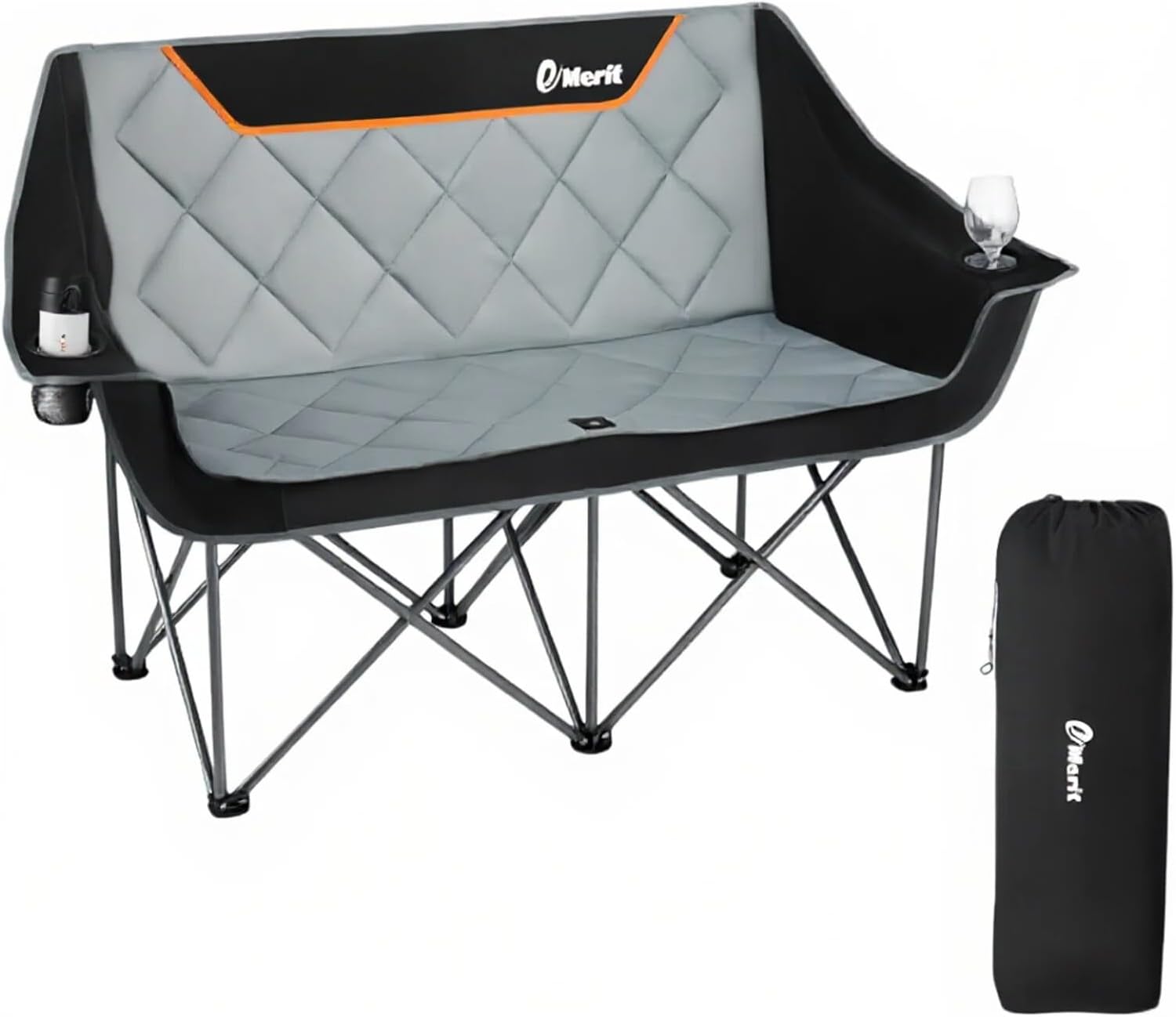 EMERIT Oversized Double Duo Camping Chair Folding Camping Loveseat 2 Person Camping Couch Heavy Duty Lawn Chairs for Outside with Padded Seats & Armrests-Support 650LBS Black