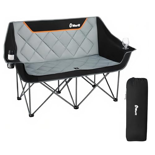 EMERIT Oversized Camping Chair with 650LB Capacity - Heavy Duty Folding Loveseat Camping Couch with Deep Seat & Rip-Resistant Fabric, Padded Comfort, Cup Holders for Outdoor, Lawn & Sports.