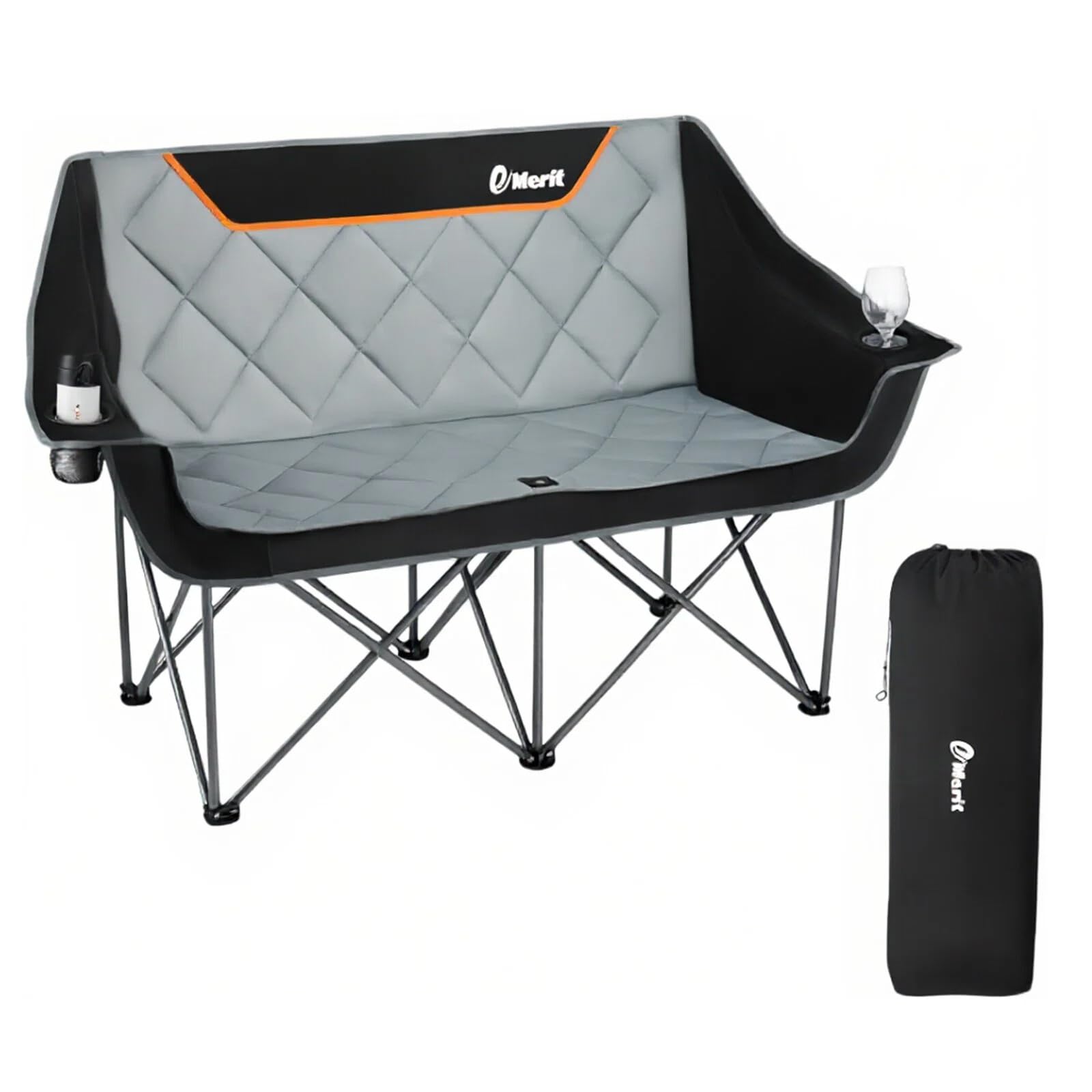 - EMERIT Oversized Camping Chair with 650LB Capacity - Heavy Duty Folding Loveseat Camping Couch with Deep Seat & Rip-Resistant Fabric, Padded Comfort, Cup Holders for Outdoor, Lawn & Sports. | 650lb capacity, ripstop polyester, No center bar, cross-bracing hubs, Quad fold design