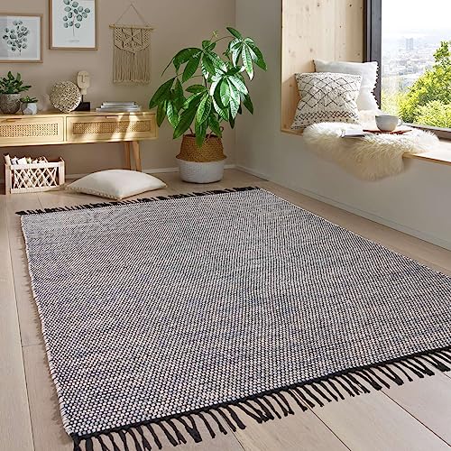 Taracarpet Handwebteppich Borkum Teppich fürs Wohnzimmer, Schlafzimmer und als Küchenteppich geeignet 100% Baumwolle grau 080x150 cm