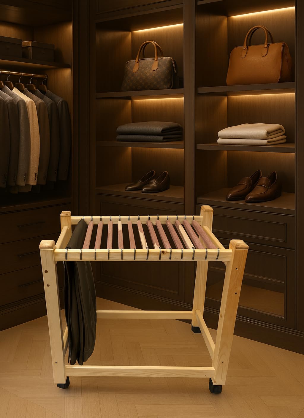 Cedar Elements Perchas de pino macizo con ruedas para pantalones (resistentes con 16 varillas colgantes de cedro rojo) acabado transparente