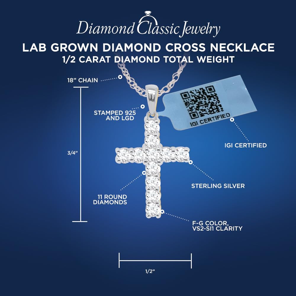 IGI Certified Lab Grown Diamond Cross Necklace 1/2 to 1 CTTW in Sterling Silver or 14k Yellow Gold Plated Silver - 18 Inch Chain - Image 4