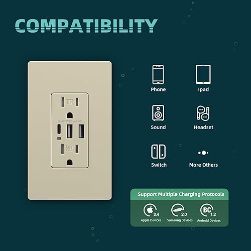 Miniatura 10 de TOPELER Cargador de pared USB negro de 6.0 A, receptáculos dúplex resistente a manipulaciones de 20 A, toma de corriente de carga con 3 puertos USB,