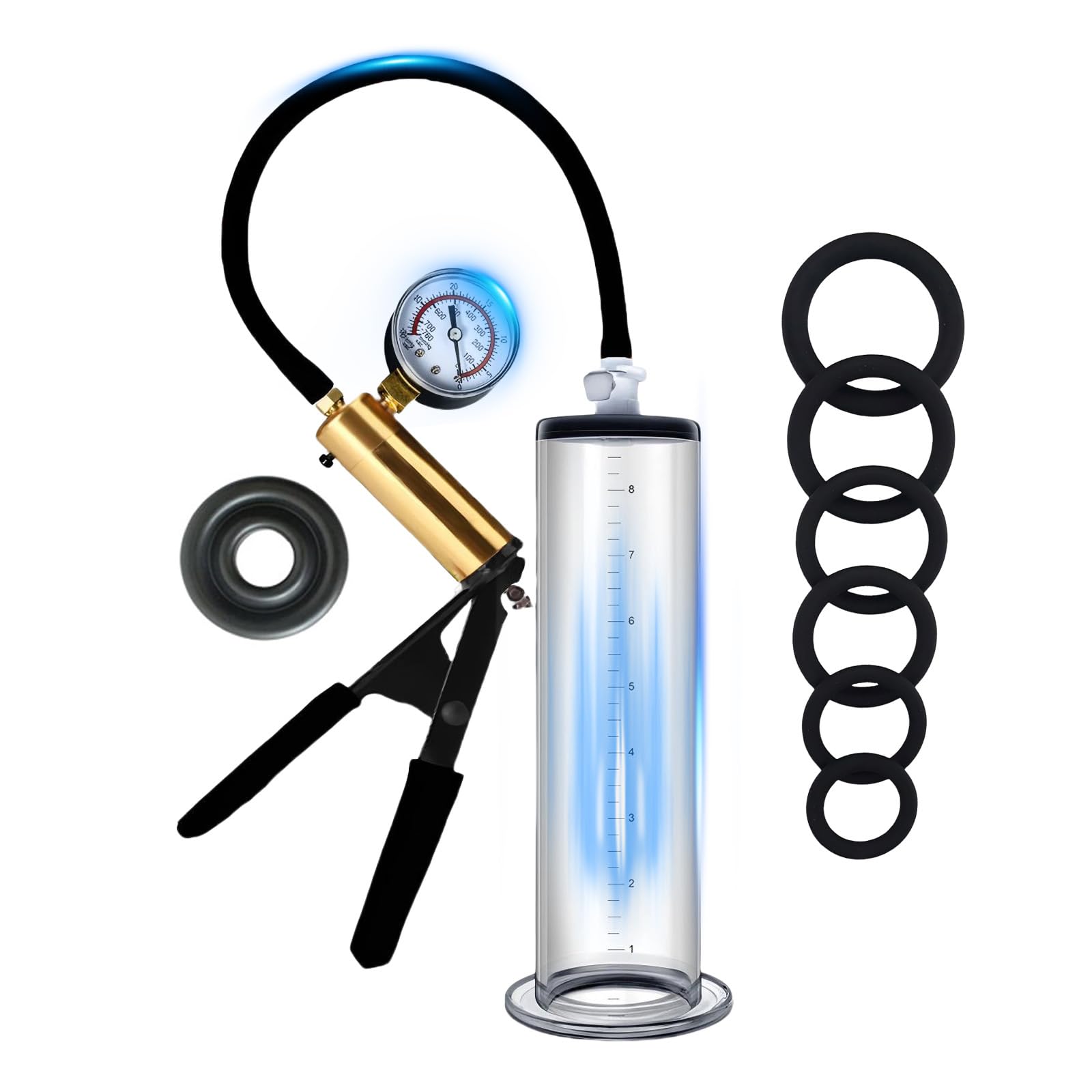 Penispumpe zur Penisvergrößerung Manuelle Penis Pumpe mit Metallgriff und Manometer Penies Pump mit 6 Silikon Penisringen Sex Spielzeug für die Männer Vakuumpumpe für Penis Extender