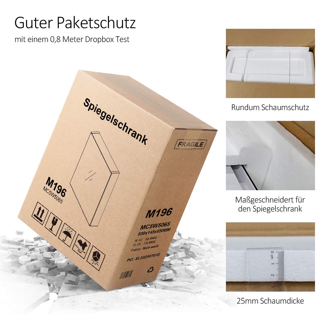 EMKE Spiegelschrank Bad, Badezimmer Spiegelschrank mit Spiegel, 75x65cm Badschrank Wandschrank mit höhenverstellbaren Glasablage (Weiß Mattiert)