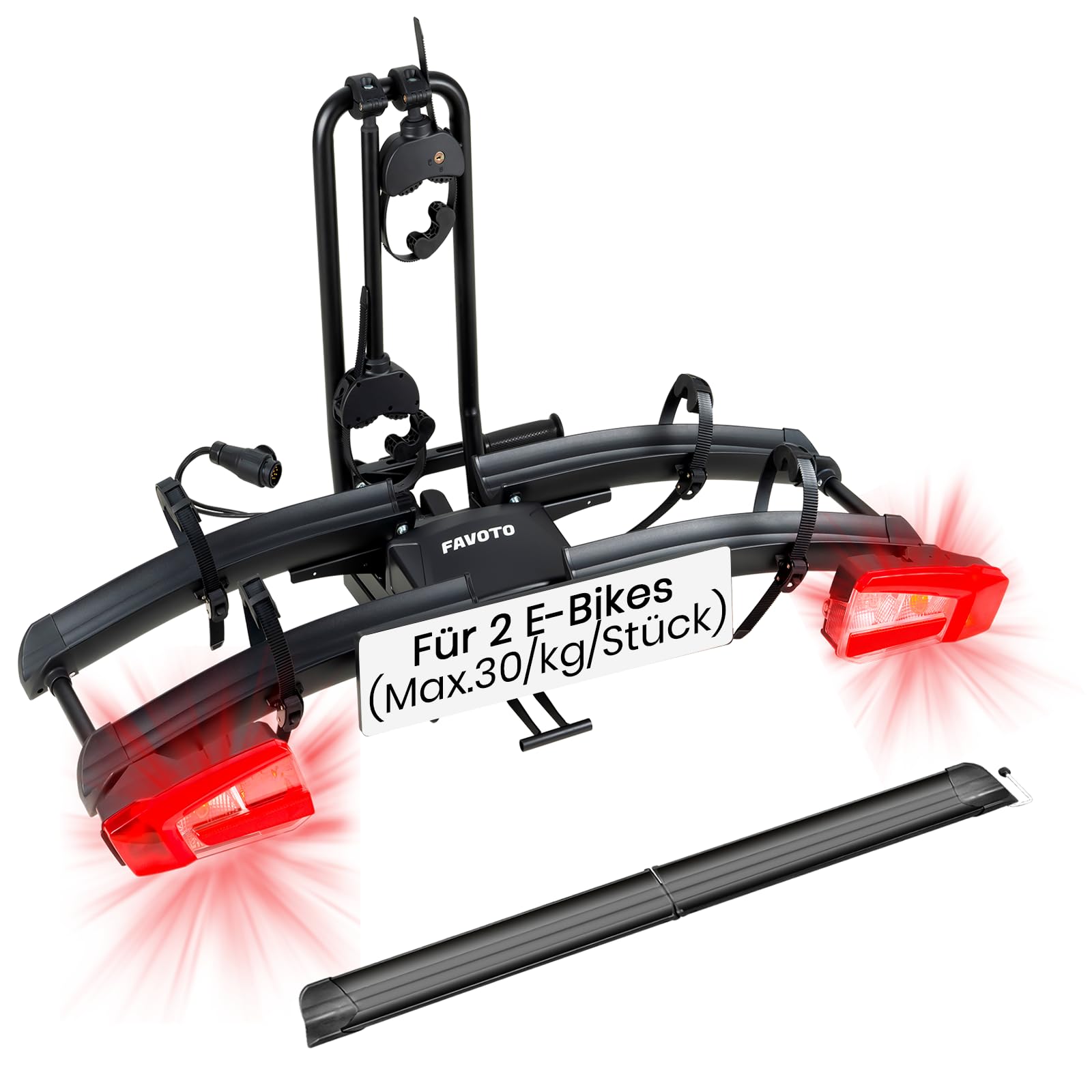 Favoto Portabicicletas E-Bike con Rampa Plegable – Soporte de Bola para 2 Bicis (60kg), Aluminio, Antirrobo, Luces 13 Pines y Soporte Matrícula