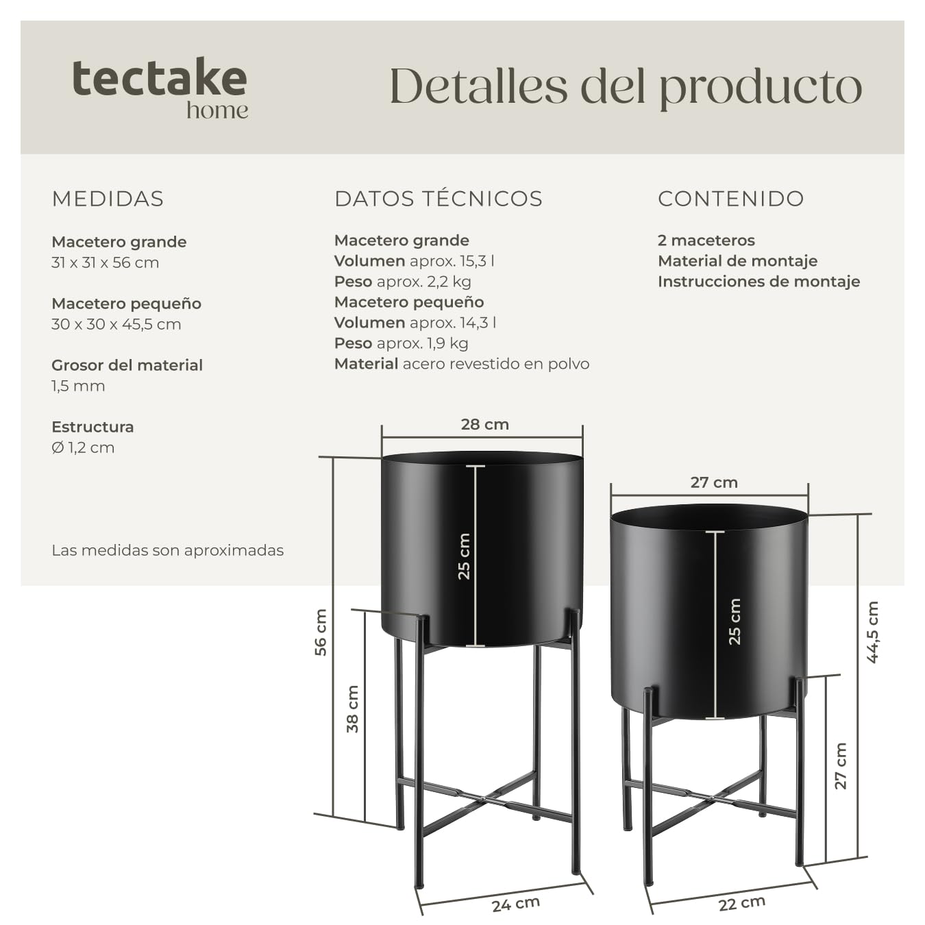 tectake® Maceteros Decorativos Interior, Maceteros Grandes Exterior, Decoracion Hogar, Macetero Alto, Soporte Plantas Interior, Acero con Revestimiento en Polvo - Set de 2 Negro