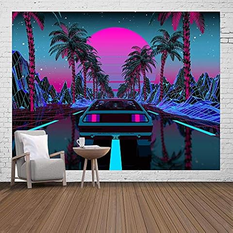 Ine Ive Urban Street Scene Tapestry Cars Palm Trees Sunset Starry Sky Wall Decoration Colorful Punk Wall Hanging 93x71 Inch Flannel Tapestry for Living Room Bedroom Decoration GTLMIE1212 Cover