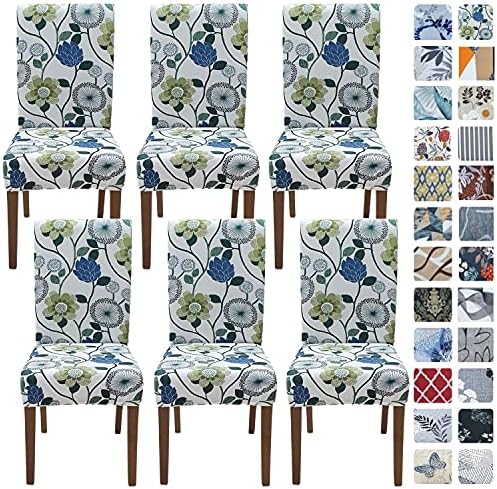 SPRINGRICO White Chair Covers for Dining Room 6 Pack, Stretch Floral Dining Chair Cover, Washable Spandex Kitchen Parsons Chair Slipcovers, Seat Protector for Home or Party ( Set of 6, FLORAL3)