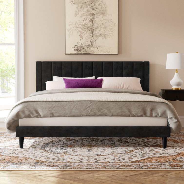 Image of HITHOS Modern Upholstered King Size Bed with Wingback Headboard | Wooden Double Bed Cot Palang Without Storage for Living Room Home Bedroom (Black) 1 Year Warranty