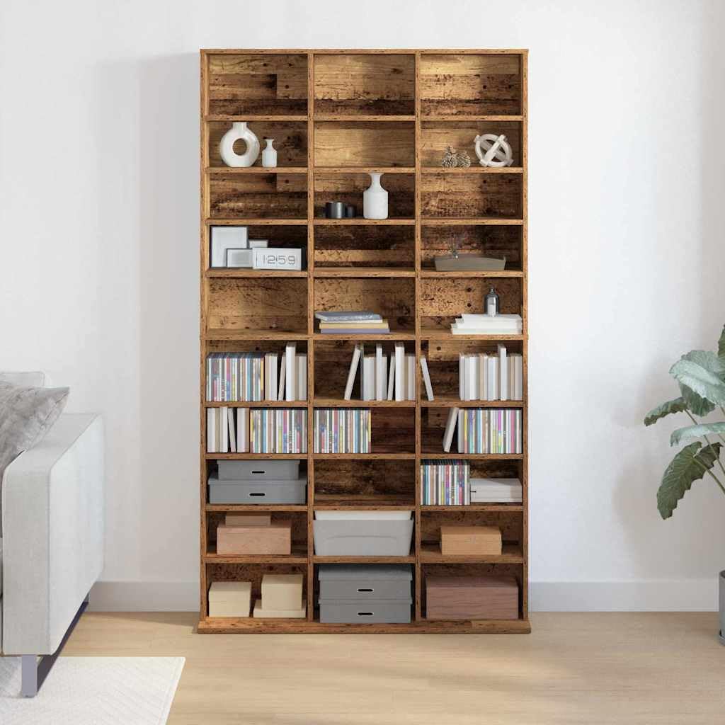 Regał na płyty CD, stare drewno z materiału drewnopochodnego, 101 x 23 x 177,5 cm, 30 półek na płyty, jako szafka na media, regał HiFi, szafka pod telewizor, kredens do salonu, kina domowego