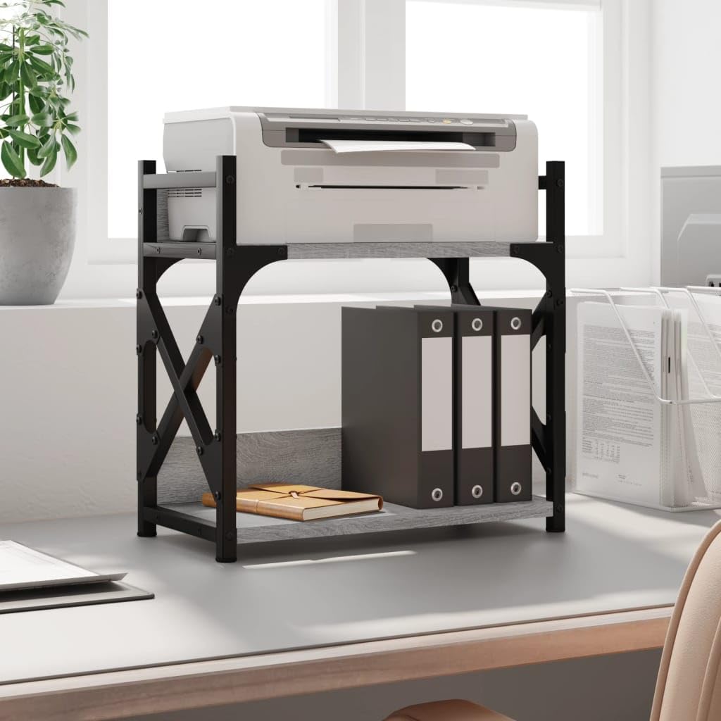 Supporto per stampante a 2 ripiani, grigio sonoma, 40 x 20 x 40 cm, in legno con struttura in metallo, gambe regolabili e tappi in plastica per una posizione stabile, multifunzione