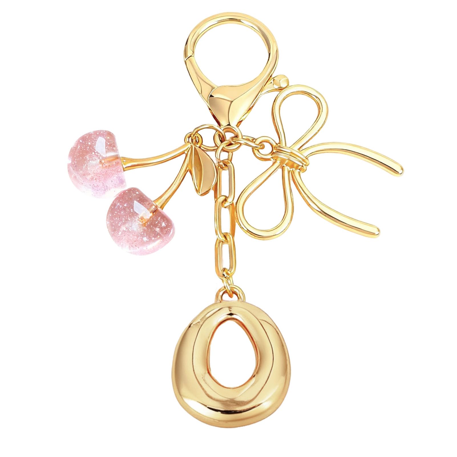 Snylcce Gold Initial Letter O Keychain with Bow & Pink Crystal Cherry Cute Bag Charm for Women Purse Accessories