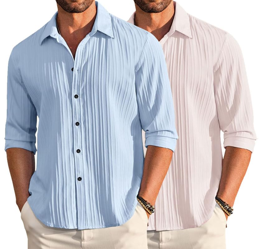Image of DEELMO Combo of Men's Casual Button Down Shirts Long Sleeve Linen Shirt Fashion Textured Summer Shirts Pack of 2
